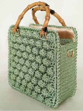 Handmade Sage Green Crochet Tote Bag with Bamboo Handles